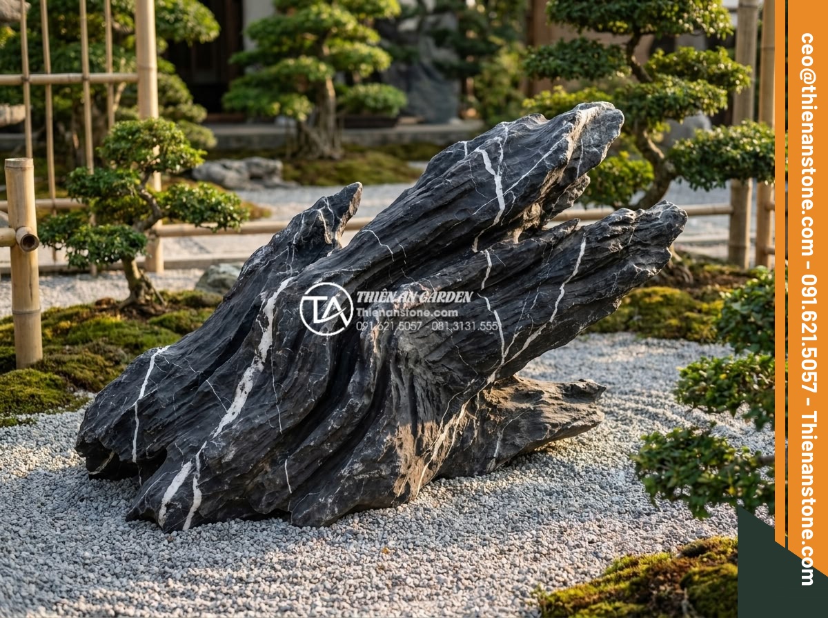 Đá Cảnh Tự Nhiên - Single large natural ornamental stone with dramatic angular shapes and crevices,