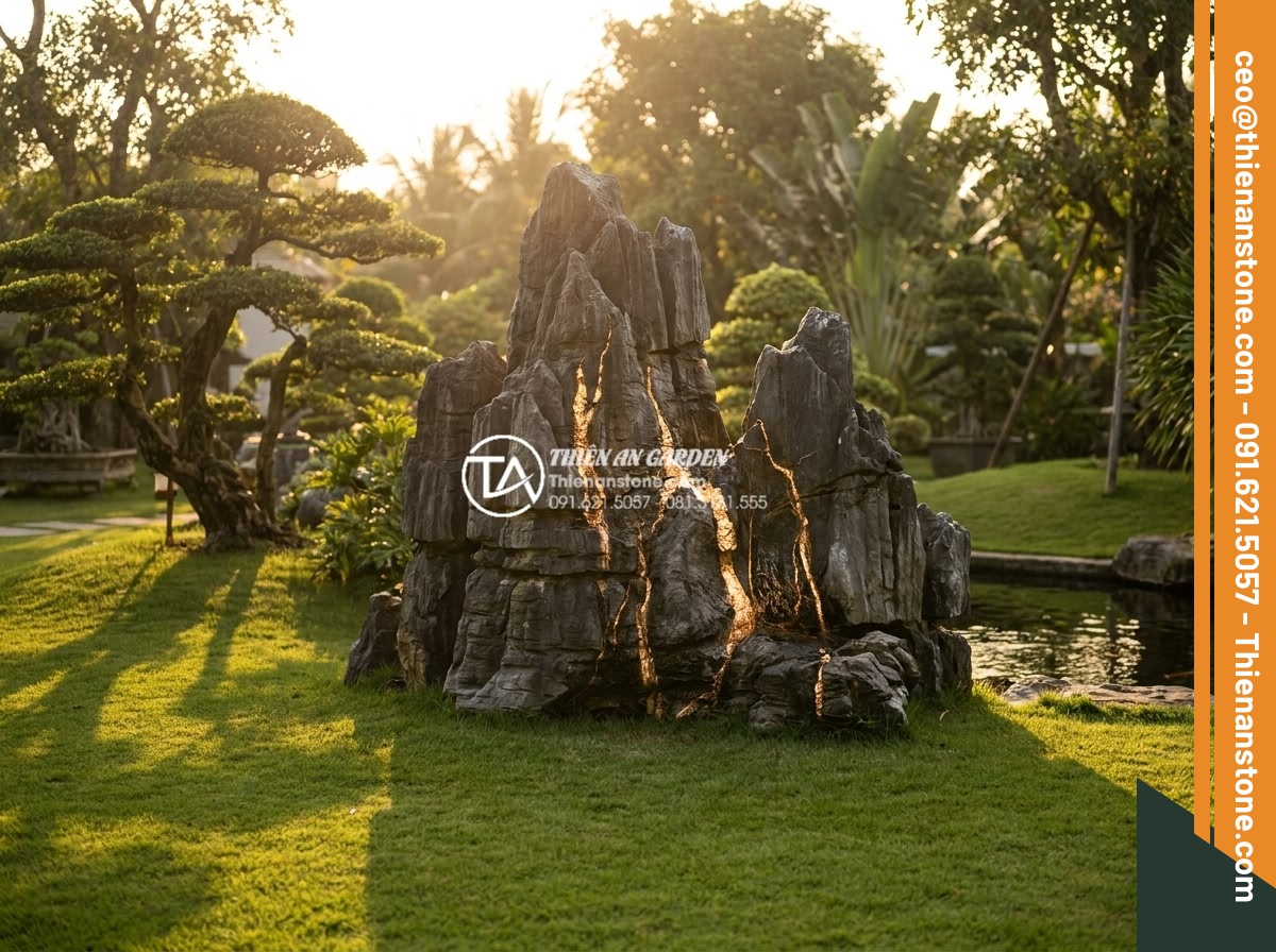 Đá Cảnh Tự Nhiên - Breathtaking natural ornamental stone in a luxury garden at golden hour sunset, 