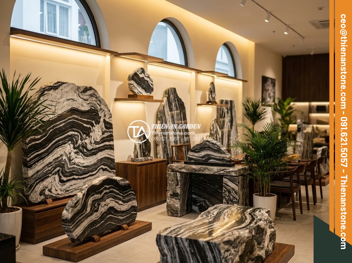 Đá Cảnh Tự Nhiên - Beautiful showroom display of Thien An Stone featuring premium natural ornamenta