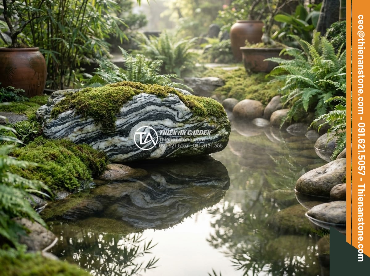 Đá Cảnh Tự Nhiên - Horizontal natural ornamental stone lying beside a small garden pond with moss g