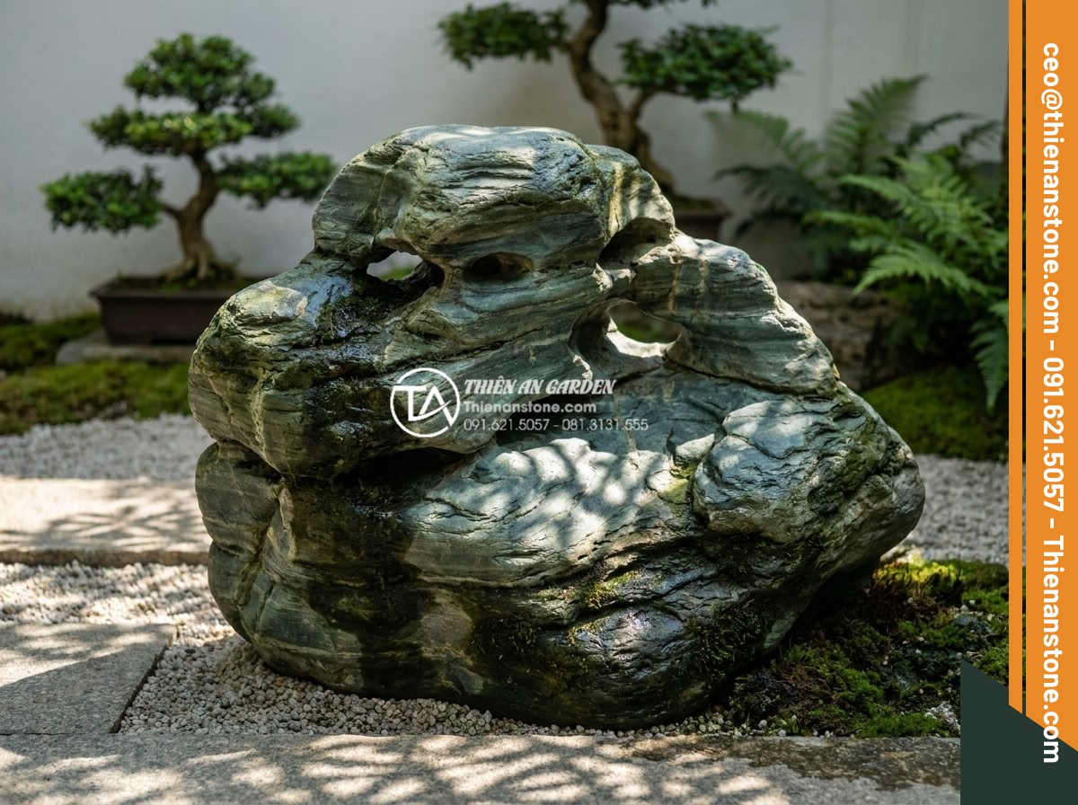 Đá Cảnh Tự Nhiên - Abstract-shaped natural ornamental stone with natural holes and cavities, light 