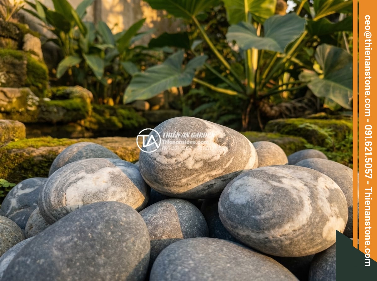 Đá Cảnh Tự Nhiên - Natural ornamental stone with prominent veining patterns illuminated by golden h