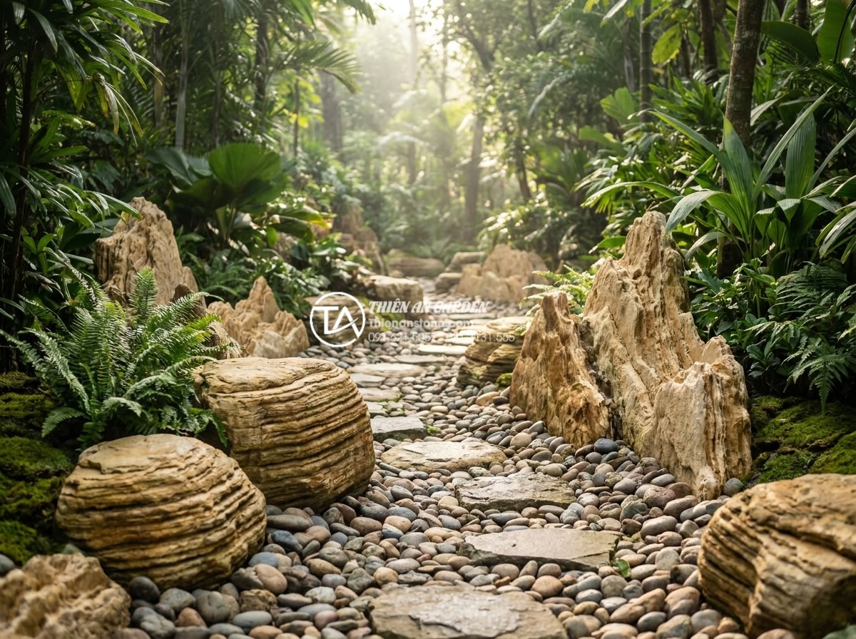 Đá Cổ Thạch - Dry stream garden design using ancient petrified stones and mixed river cobbles,