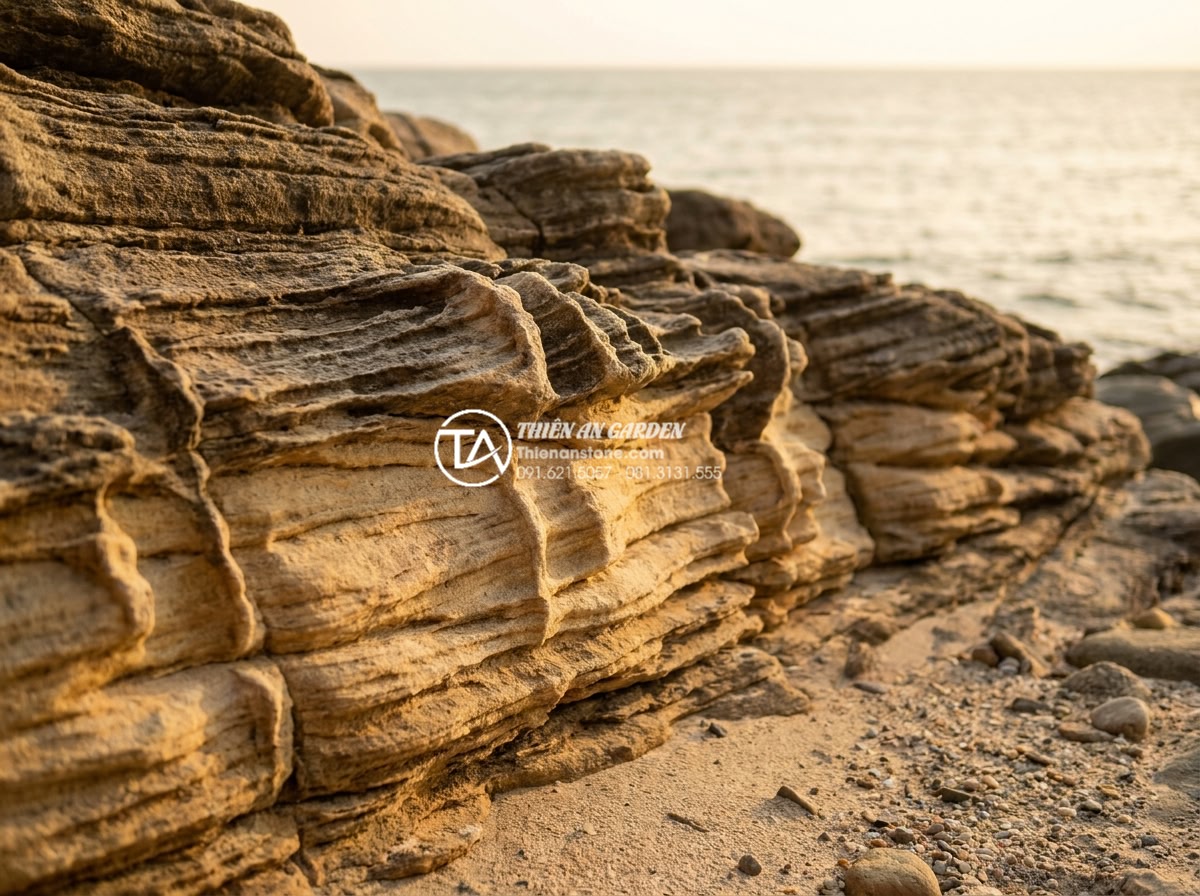 Đá Cổ Thạch - Geological cross-section showing layered sedimentary rock formation process, anc