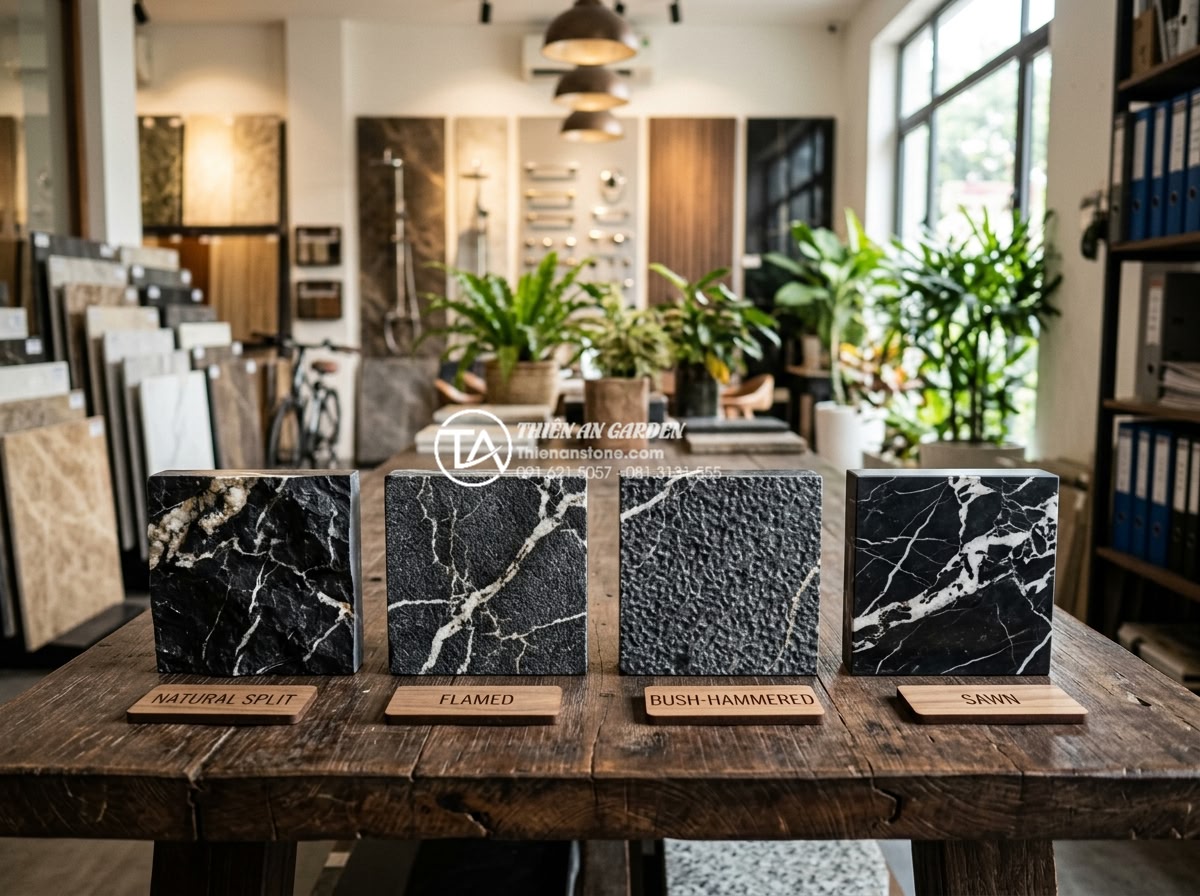 Đá Cubic Lát Sân - Display of four different cubic stone surface finishes side by side - natural sp