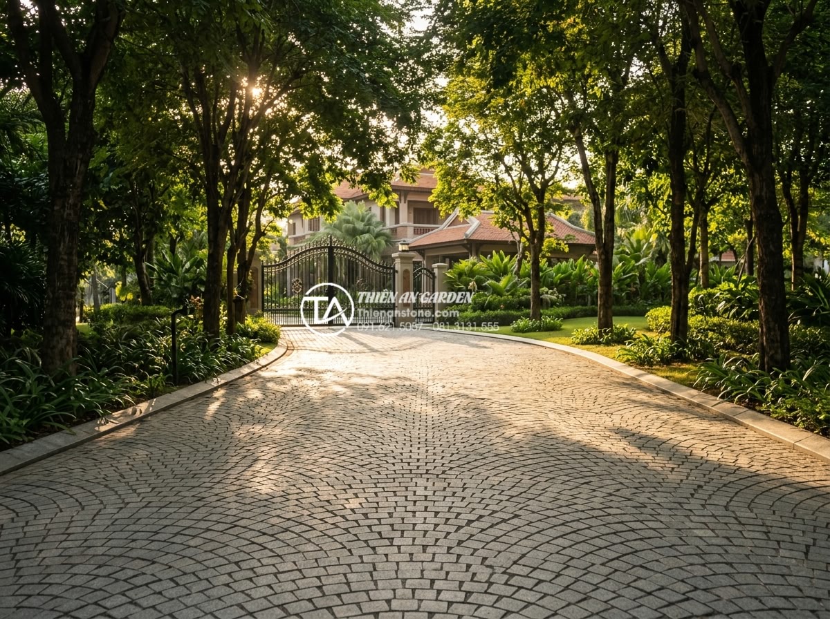 Đá Cubic Lát Sân - Fan-shaped cubic stone paving driveway leading to luxury villa entrance, tall sh