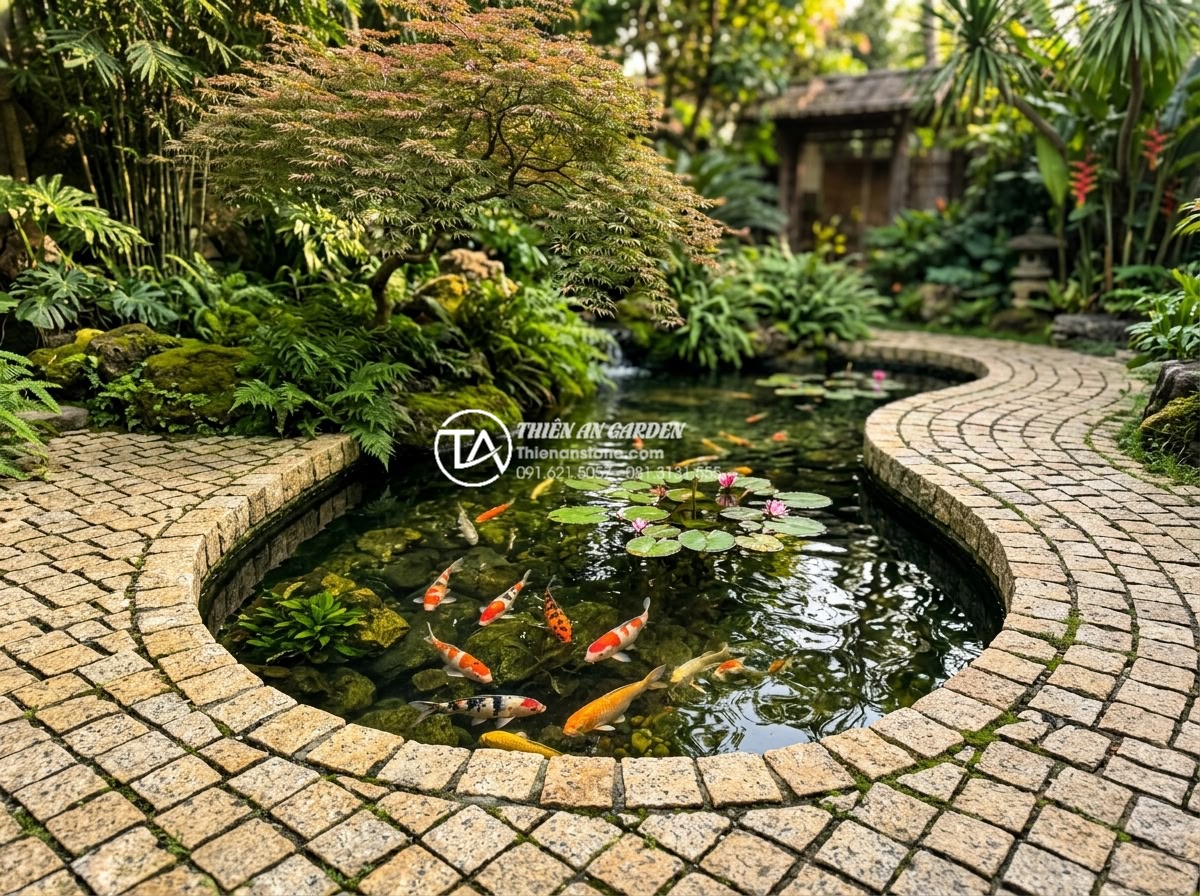 Đá Cubic Lát Sân - Cubic stone paving surrounding a koi pond, clear water with colorful koi fish vi