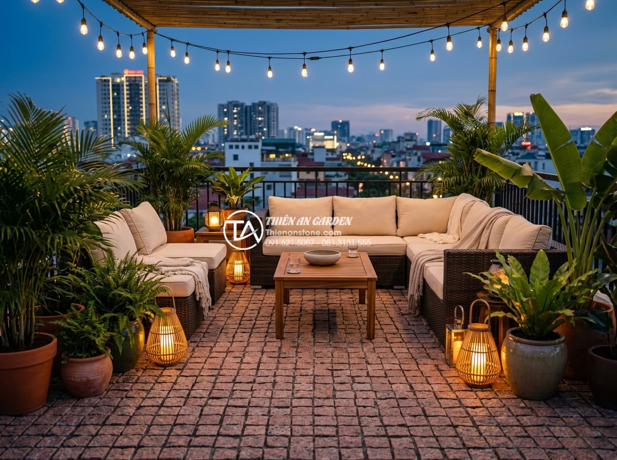 Đá Cubic Lát Sân - Rooftop terrace paved with small cubic stones, outdoor lounge furniture with cus