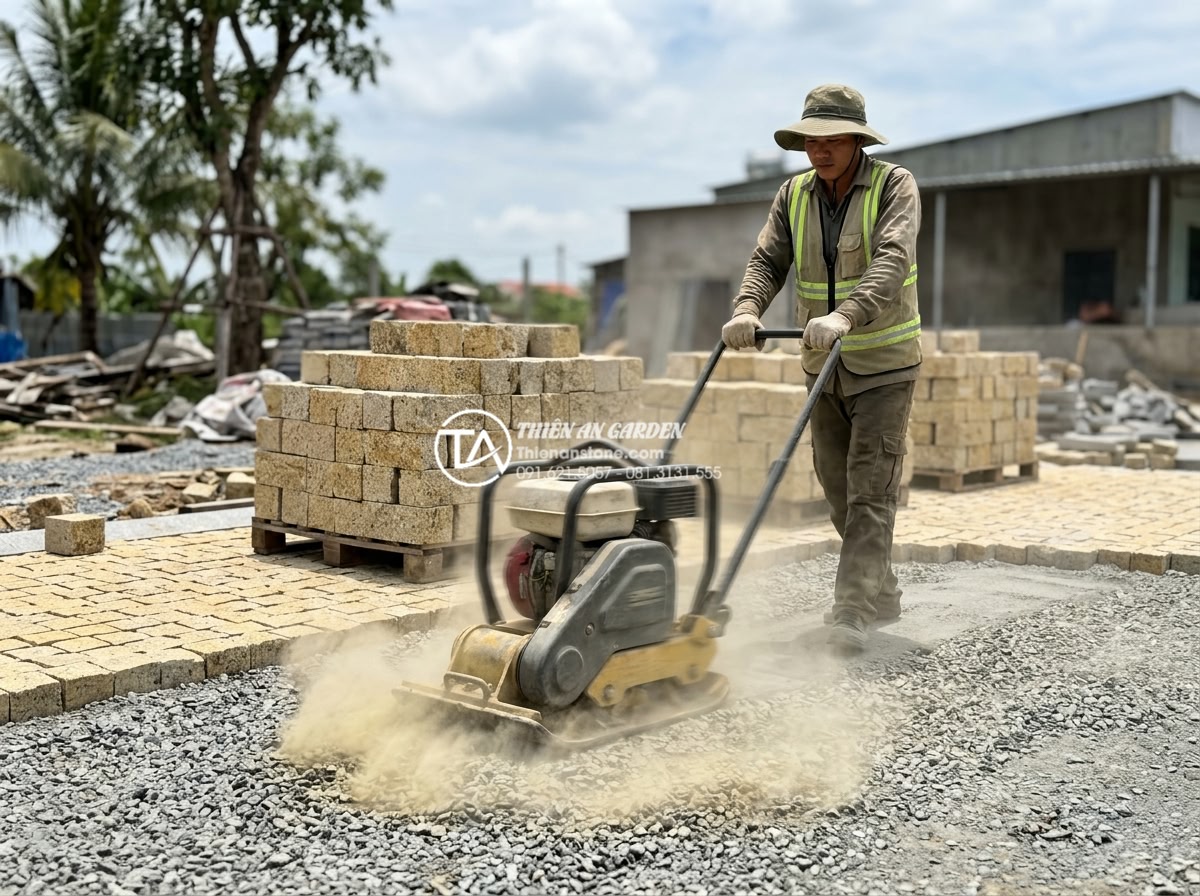 Đá Cubic Lát Sân - Worker using plate compactor to compact gravel sub-base layer for cubic stone pa