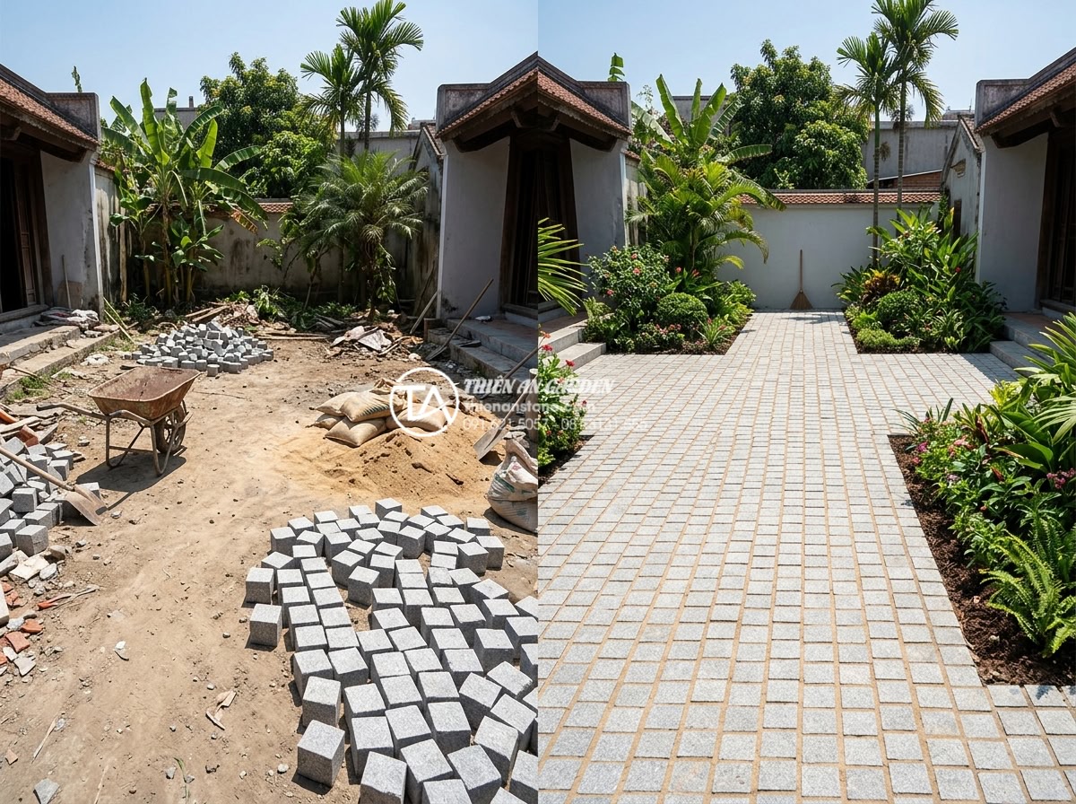 Đá Cubic Lát Sân - Completed cubic stone paving with freshly swept sand joints, clean finished surf