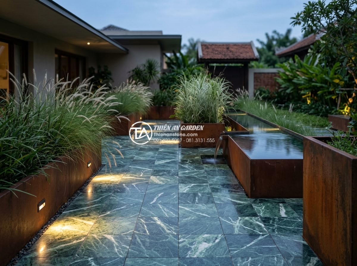 Đá Cubic Lát Sân - Modern landscape design project featuring cubic stone paving as central element,