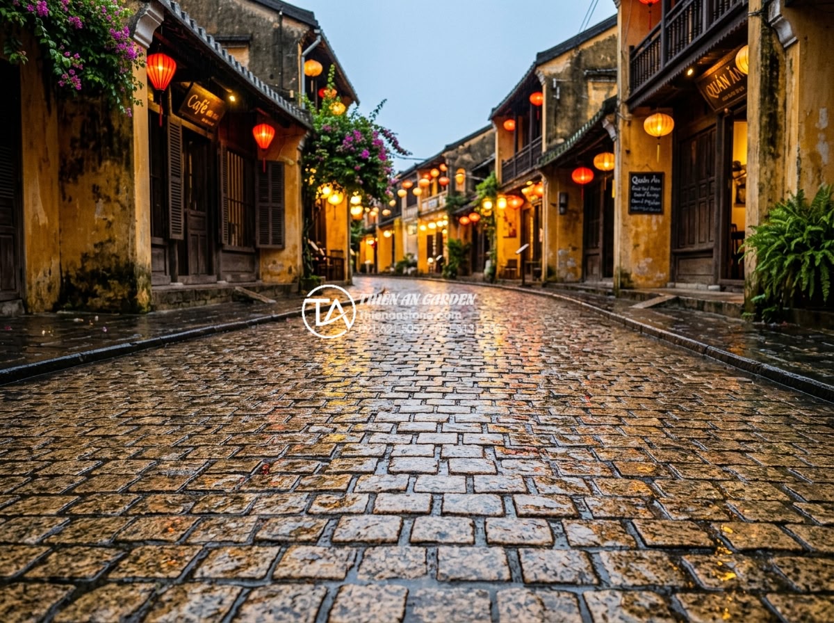 Đá Cubic Lát Sân - Historic European cobblestone street with cubic granite pavers, old buildings on