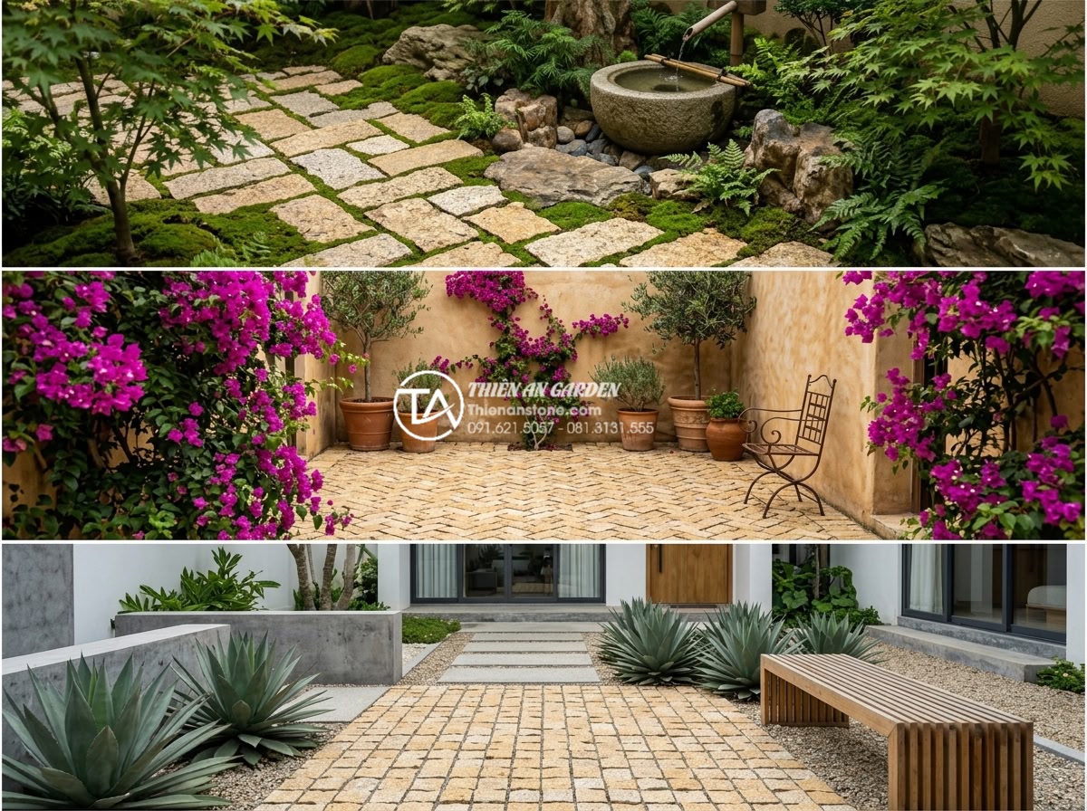 Đá Cubic Lát Sân - Three-panel collage showing cubic stone paving in different design styles - Japa