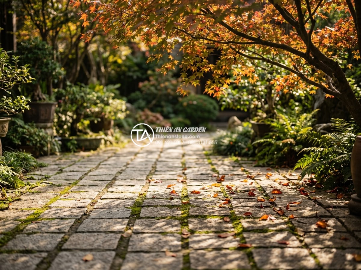 Đá Cubic Lát Sân - Aged cubic stone paving with natural patina, slight moss growing between joints,