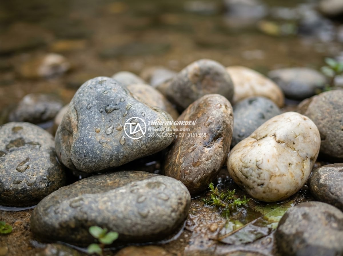 Đá Cuội Suối - Close-up macro shot of smooth river pebbles with water droplets on surface, show