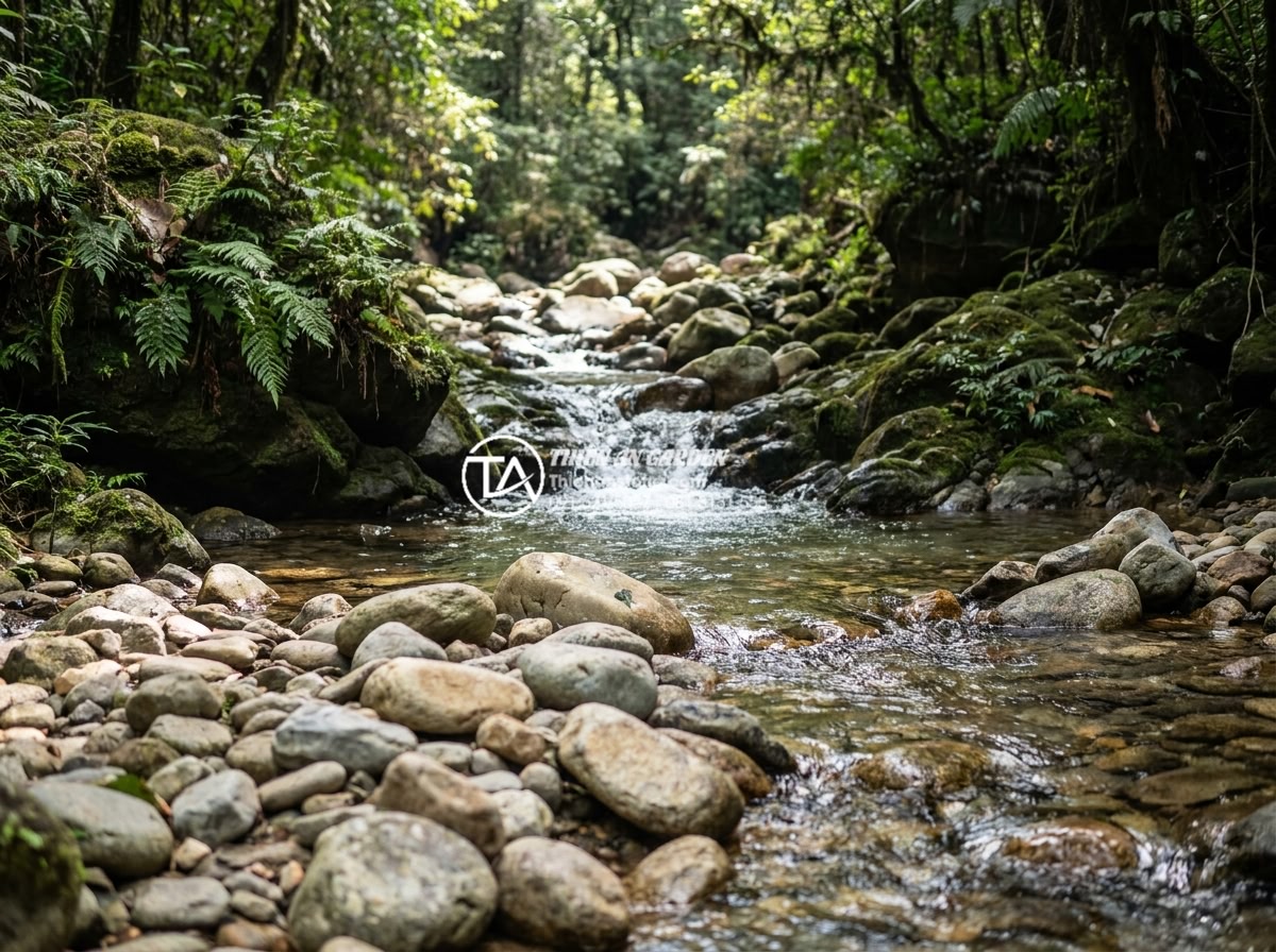 Đá Cuội Suối - Mountain stream flowing over smooth river pebbles in natural forest setting, cry