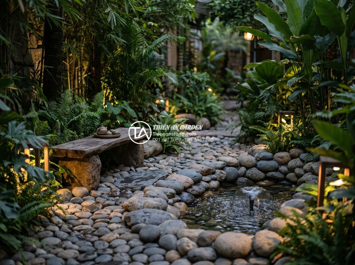 Đá Cuội Suối - Peaceful evening scene of river pebble garden with soft ambient lighting, person