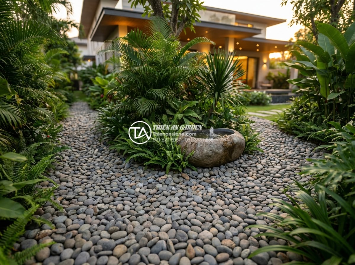 Đá Cuội Suối - Beautiful completed garden project featuring river pebble pathways, lush tropica