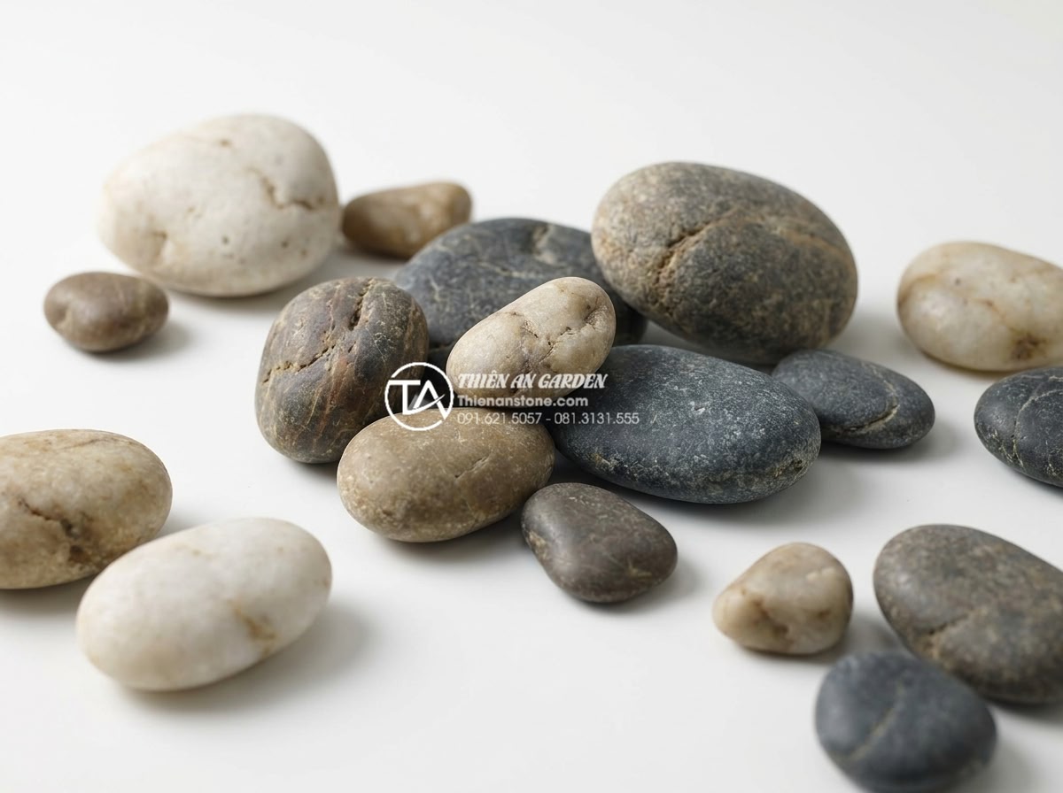 Đá Cuội Suối - Collection of river pebbles arranged on white background showing variety of colo