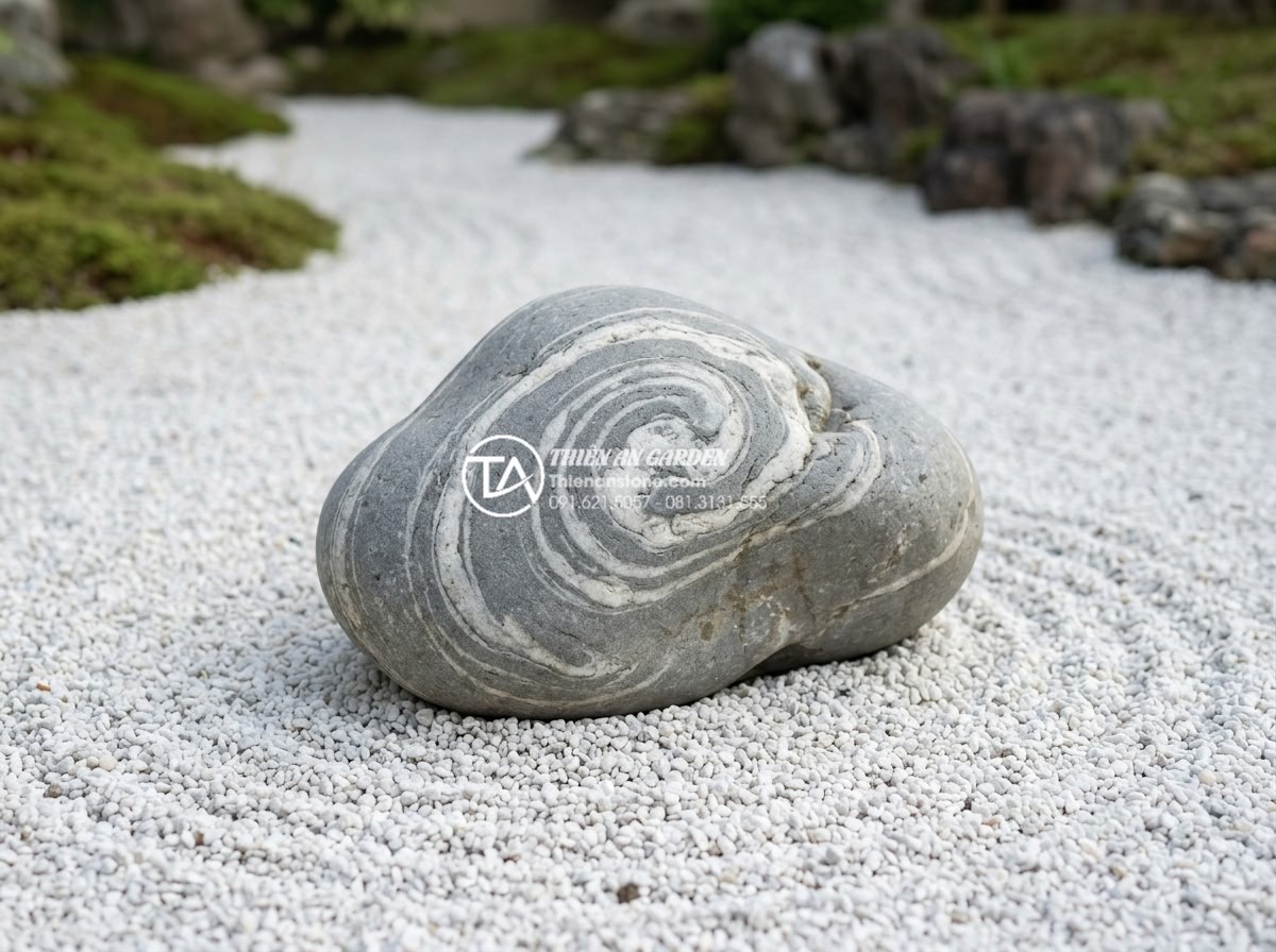 Đá Cuội Vân Mây - Single cloud vein pebble stone with dramatic spiral swirl vein pattern, displaye