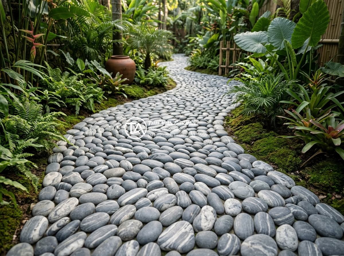 Đá Cuội Vân Mây - Multiple layered cloud vein pebble stones arranged along garden pathway, showing