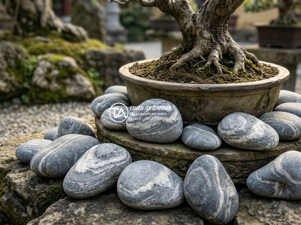 Đá Cuội Vân Mây - Scattered cloud vein pebble stones around base of ornamental bonsai tree in cera