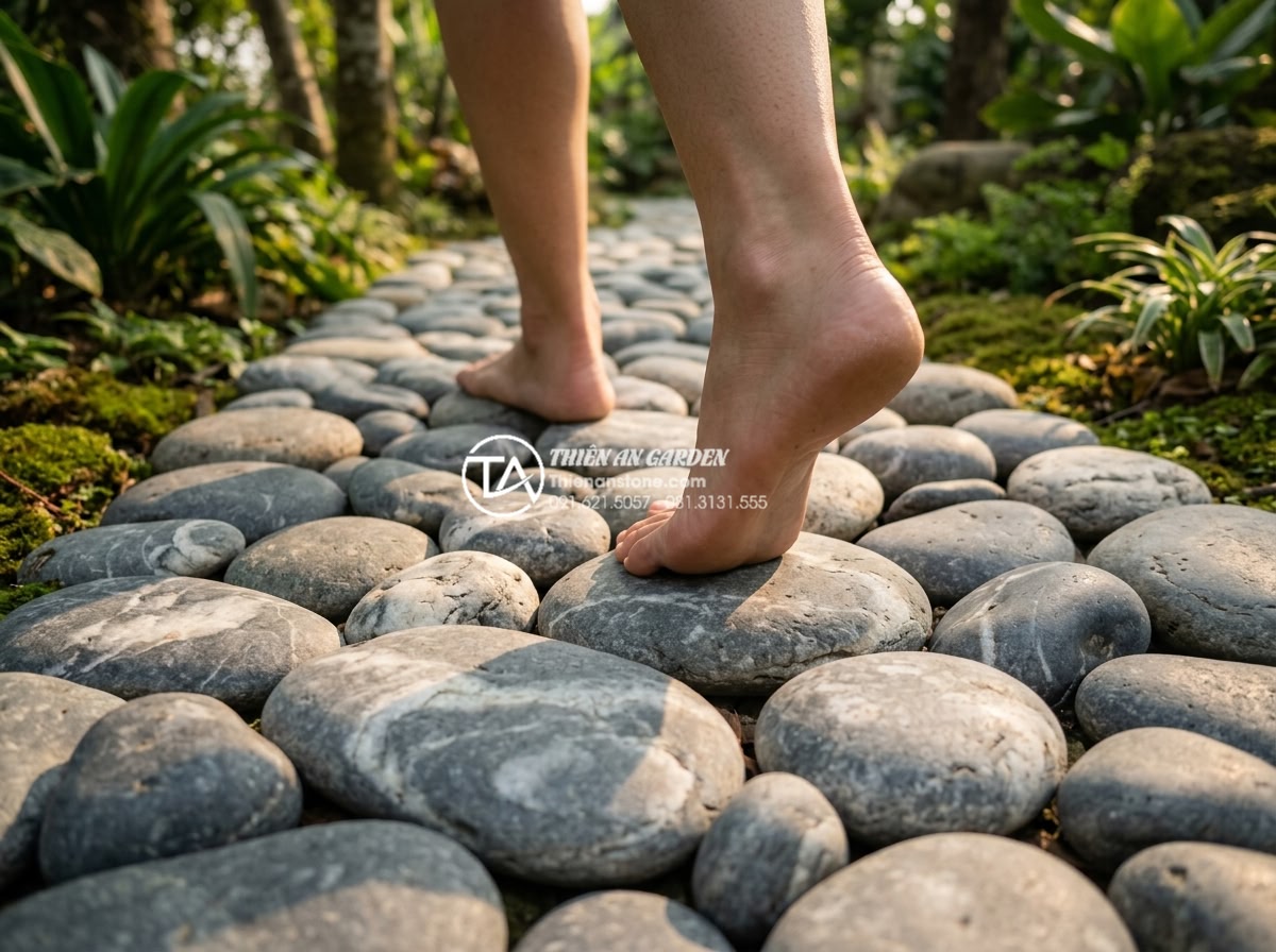 Đá Cuội Vân Mây - Close up view of feet walking on cloud vein pebble stone garden path, showing st
