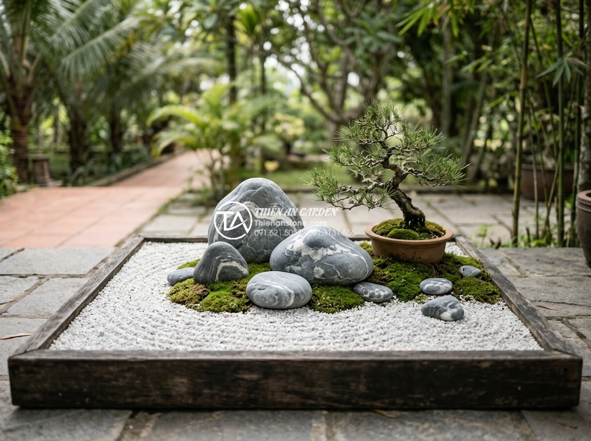Đá Cuội Vân Mây - Japanese zen garden miniature landscape with cloud vein pebble stones on raked w