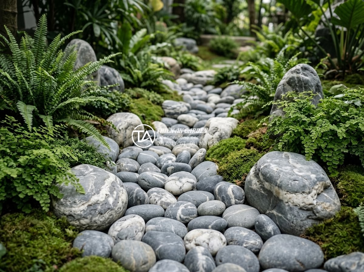 Đá Cuội Vân Mây - Dry stream garden design using cloud vein pebble stones creating illusion of flo