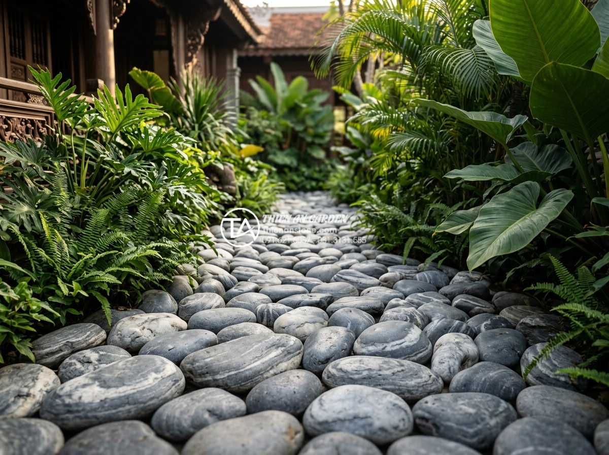 Đá Cuội Vân Mây - Luxury villa garden pathway lined with cloud vein pebble stones, tropical plants