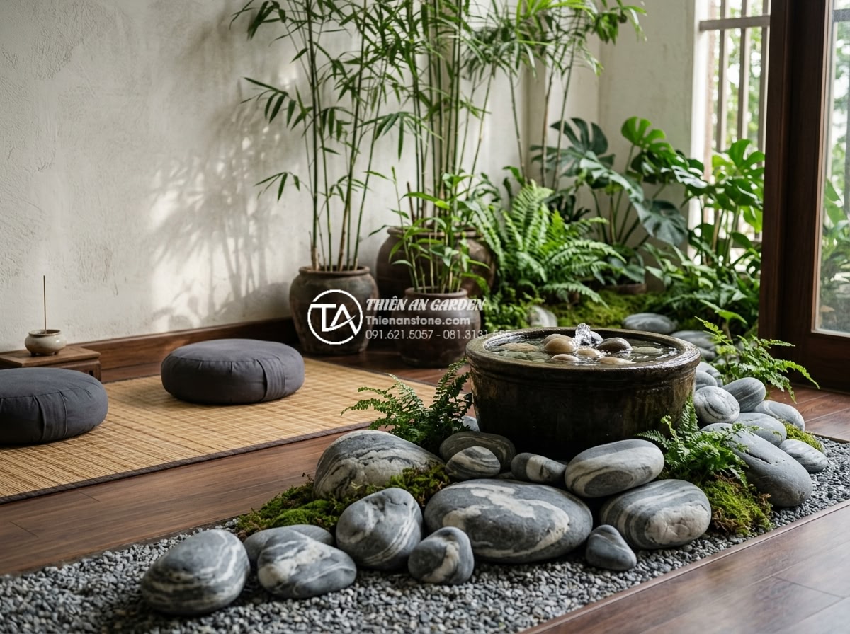 Đá Cuội Vân Mây - Meditation corner with cloud vein pebble stones arranged around small water feat