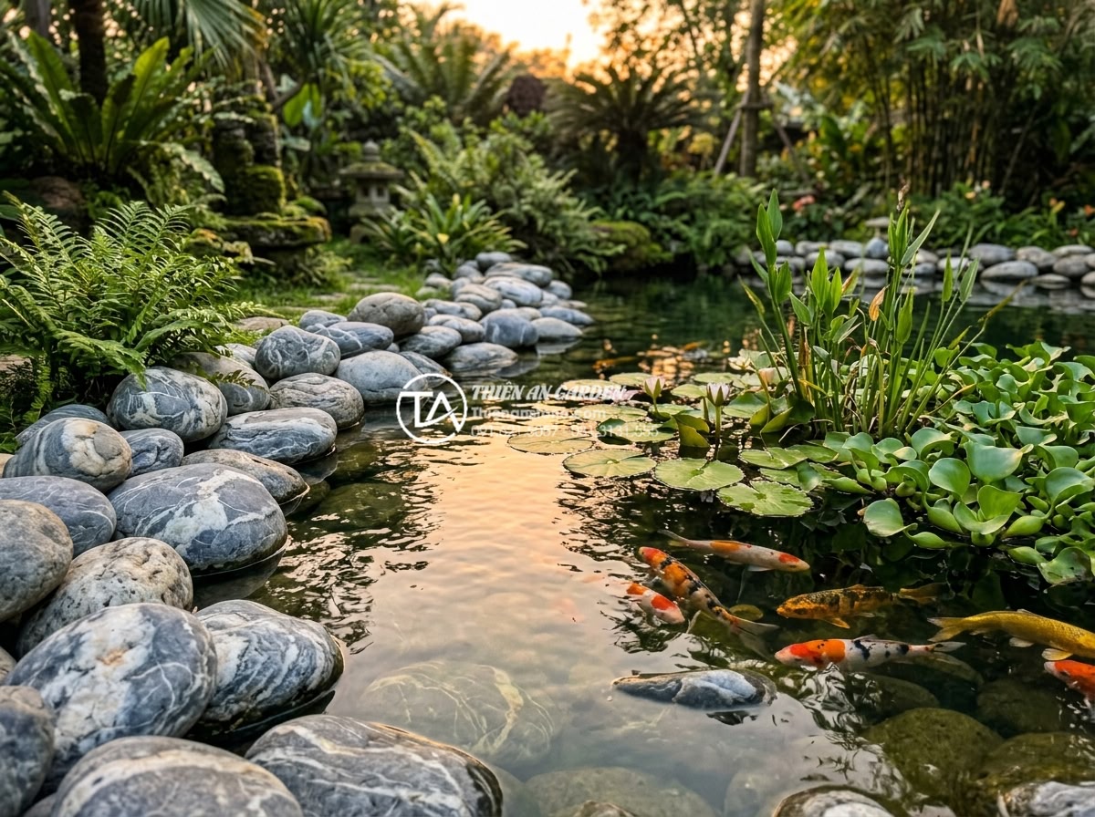 Đá Cuội Vân Mây - Cloud vein pebble stones arranged as natural pond border, half submerged in clea