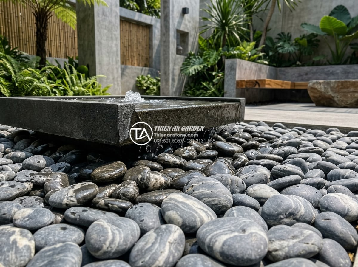 Đá Cuội Vân Mây - Cloud vein pebble stones surrounding outdoor water fountain, stones wet from fou