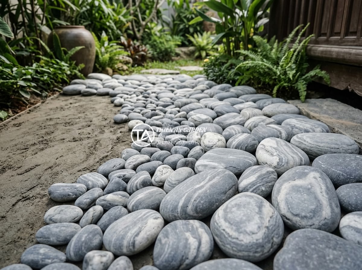 Đá Cuội Vân Mây - Cloud vein pebble stones arranged with mixed sizes creating natural rhythm, show