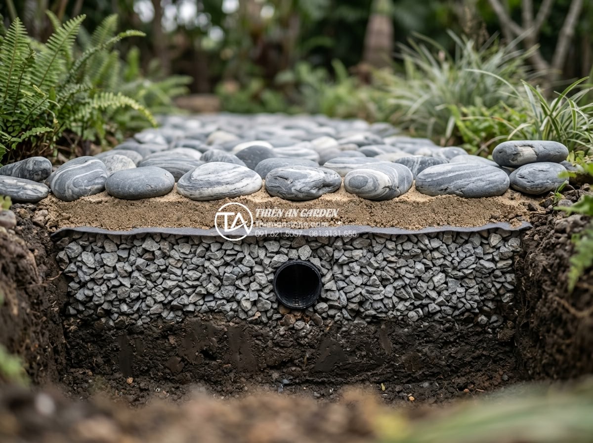 Đá Cuội Vân Mây - Cross section diagram showing layers of cloud vein pebble stone pathway installa