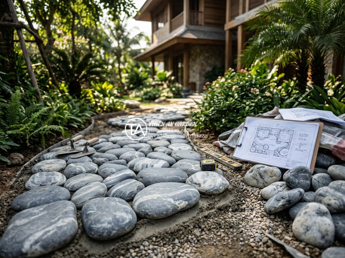 Đá Cuội Vân Mây - Professional landscaping team installing cloud vein pebble stones in luxury vill