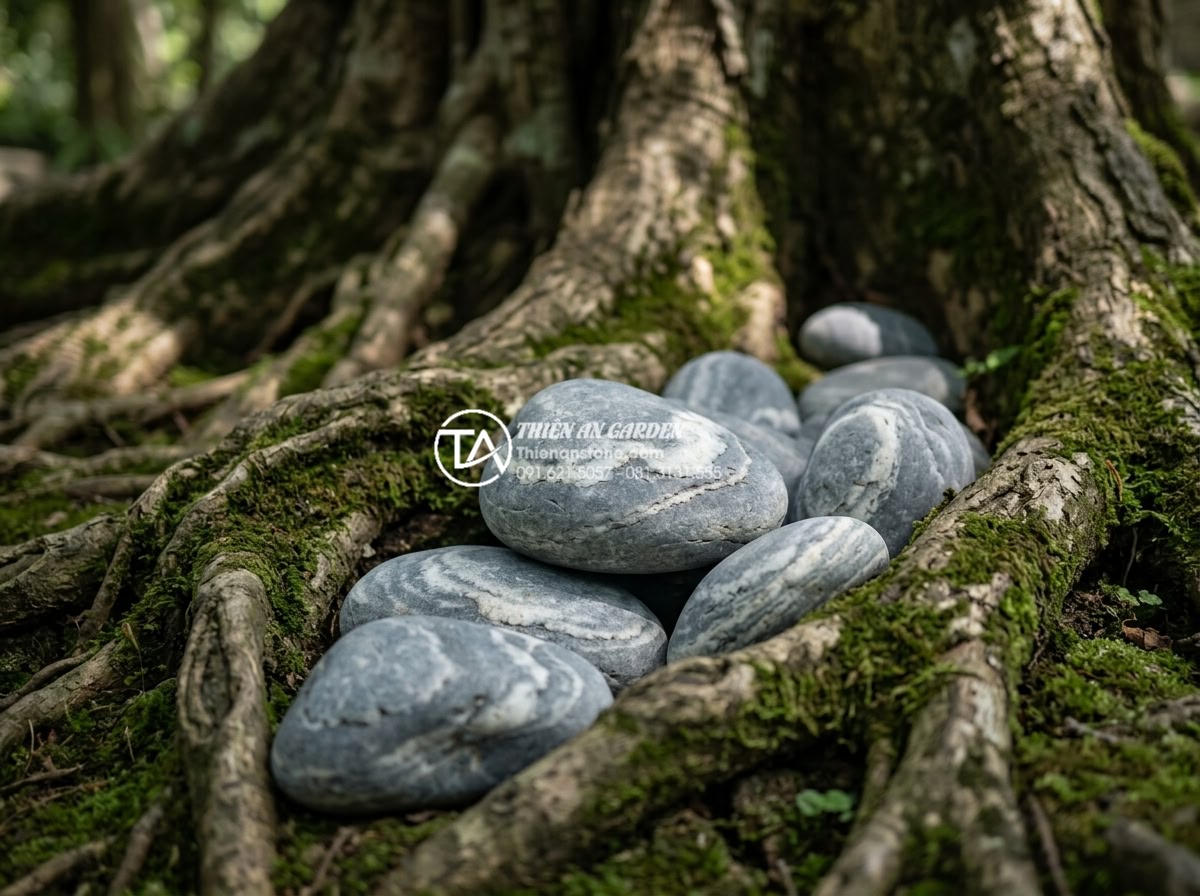 Đá Cuội Vân Mây - Cloud vein pebble stones nestled among exposed tree roots with green moss coveri