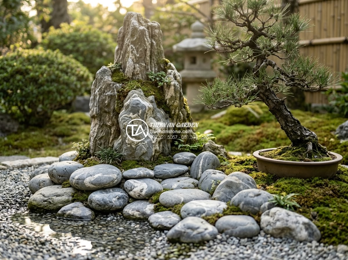 Đá Cuội Vân Mây - Cloud vein pebble stones at base of vertical rock formation in garden, creating 