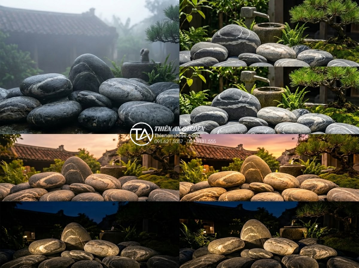 Đá Cuội Vân Mây - Four panel composition showing cloud vein pebble stones at different times of da
