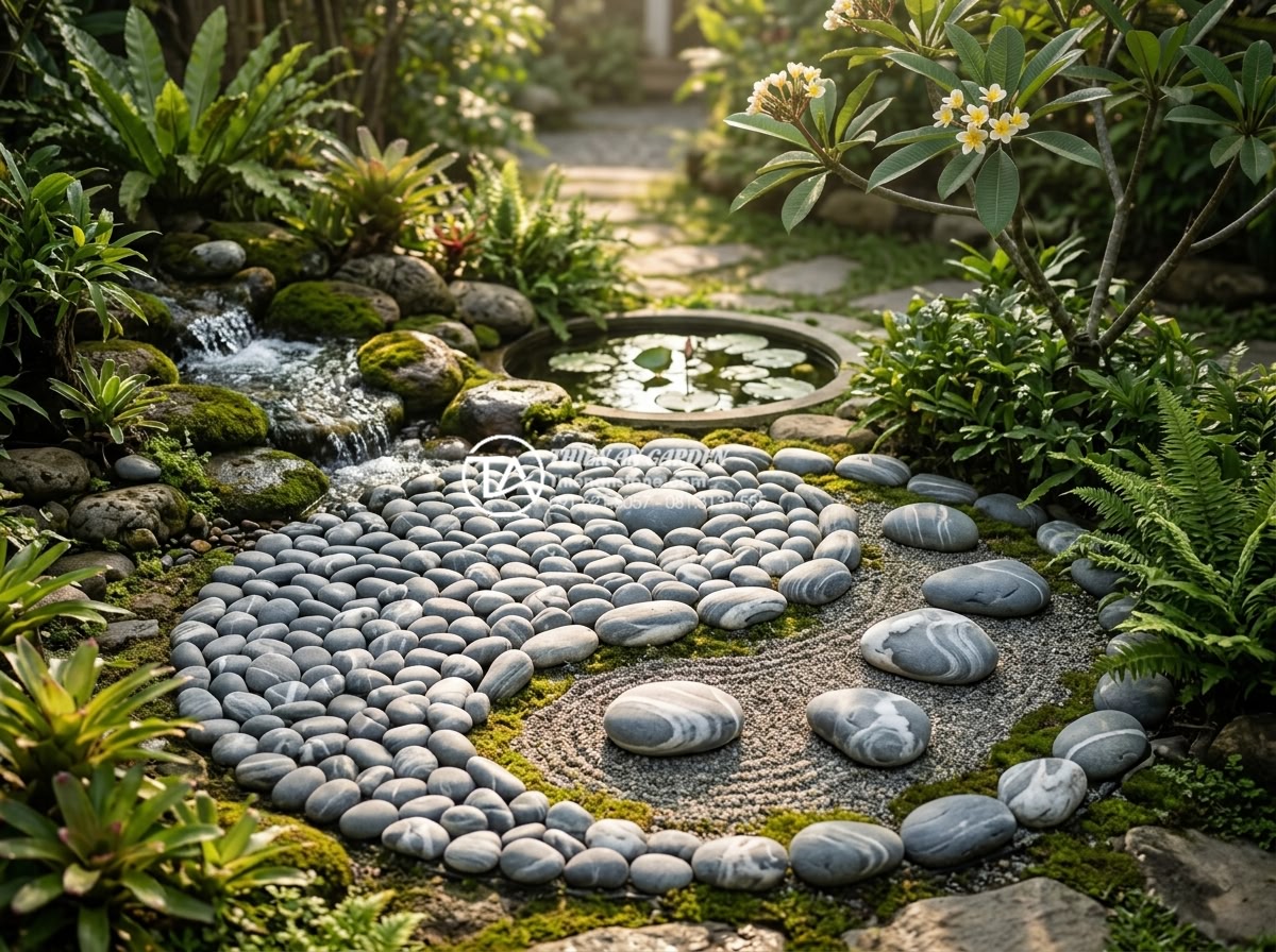 Đá Cuội Vân Mây - Cloud vein pebble stones arranged in feng shui inspired garden design, balanced 