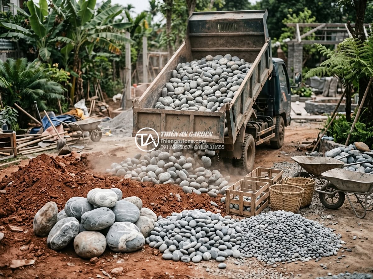 Đá Cuội Vân Mây - Cloud vein pebble stone delivery and installation at construction site, truck un