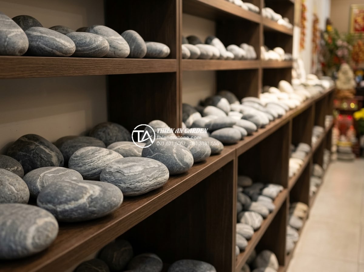 Đá Cuội Vân Mây - Customer selecting cloud vein pebble stones at stone showroom, carefully examini