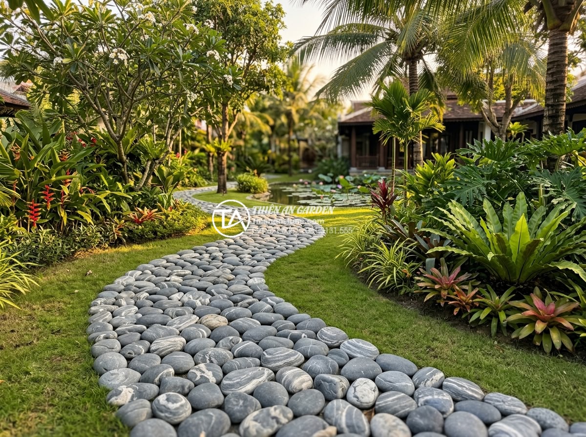 Đá Cuội Vân Mây - Panoramic view of luxury villa garden with cloud vein pebble stone pathway windi