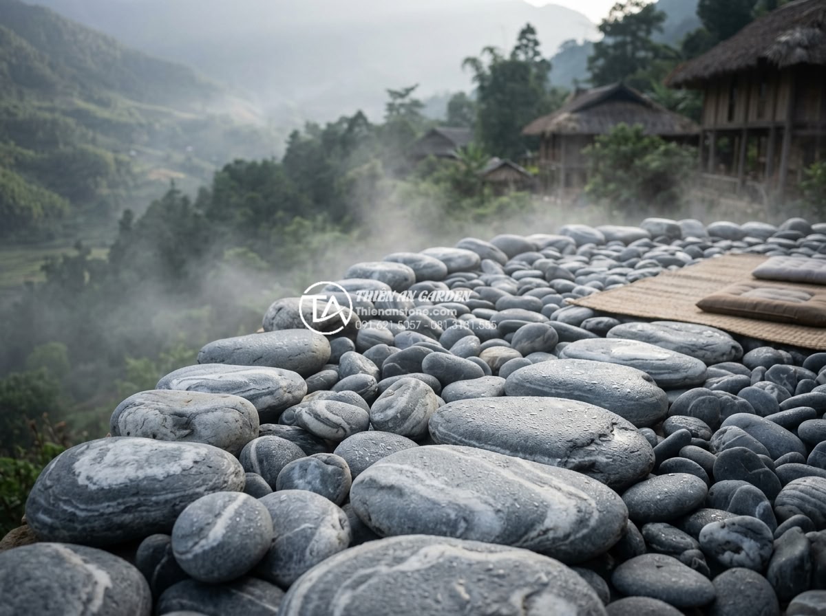 Đá Cuội Vân Mây - Mountain homestay meditation area with cloud vein pebble stones surrounded by mo