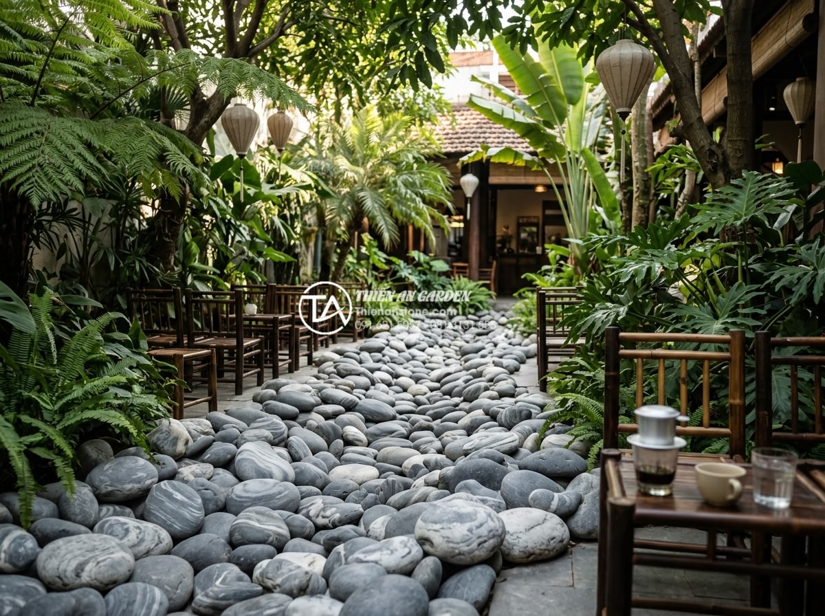 Đá Cuội Vân Mây - Coffee shop outdoor garden with dry stream of cloud vein pebble stones running b