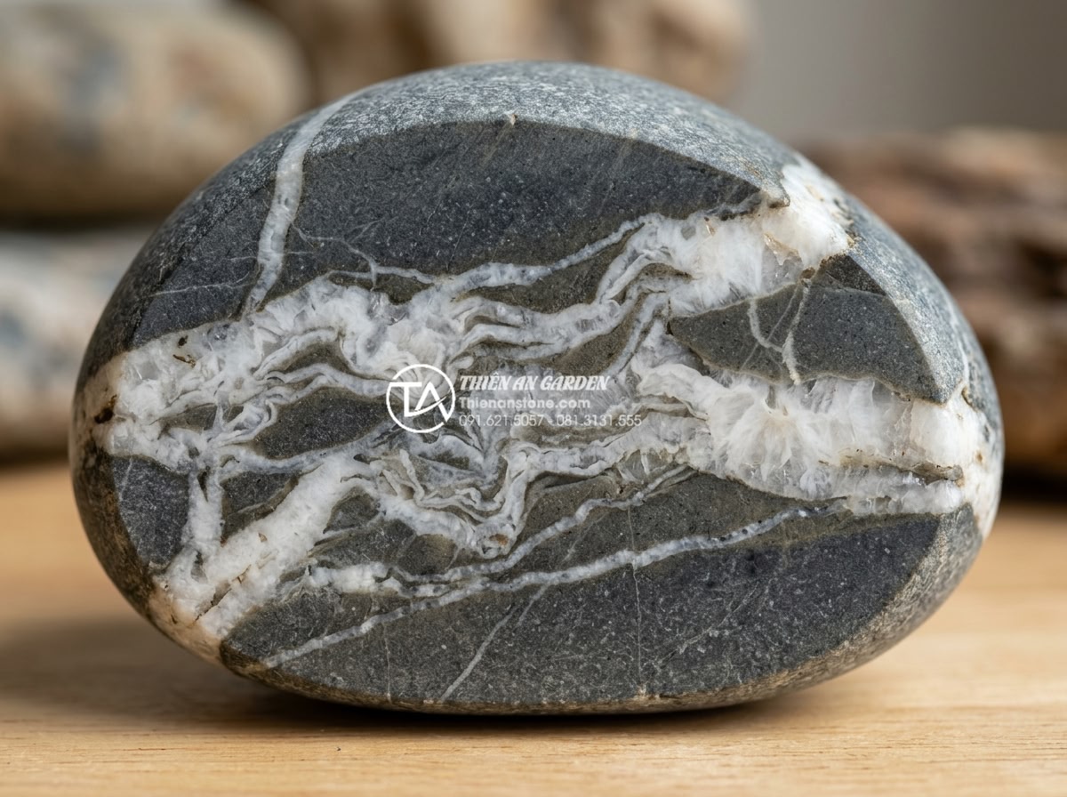 Đá Cuội Vân Mây - Cross section view of cloud vein pebble stone showing internal mineral layers, g