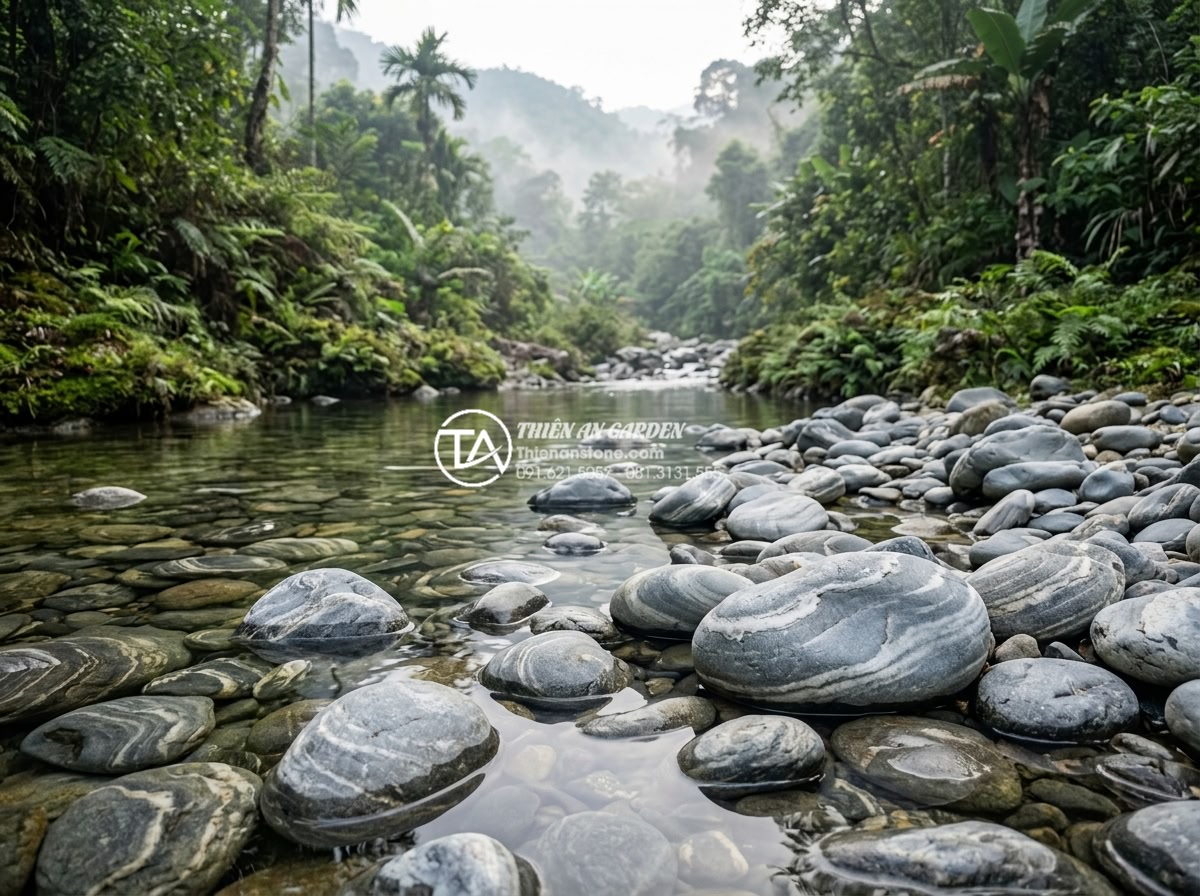 Đá Cuội Vân Mây - Natural mountain stream in Vietnam with cloud vein pebble stones visible under c