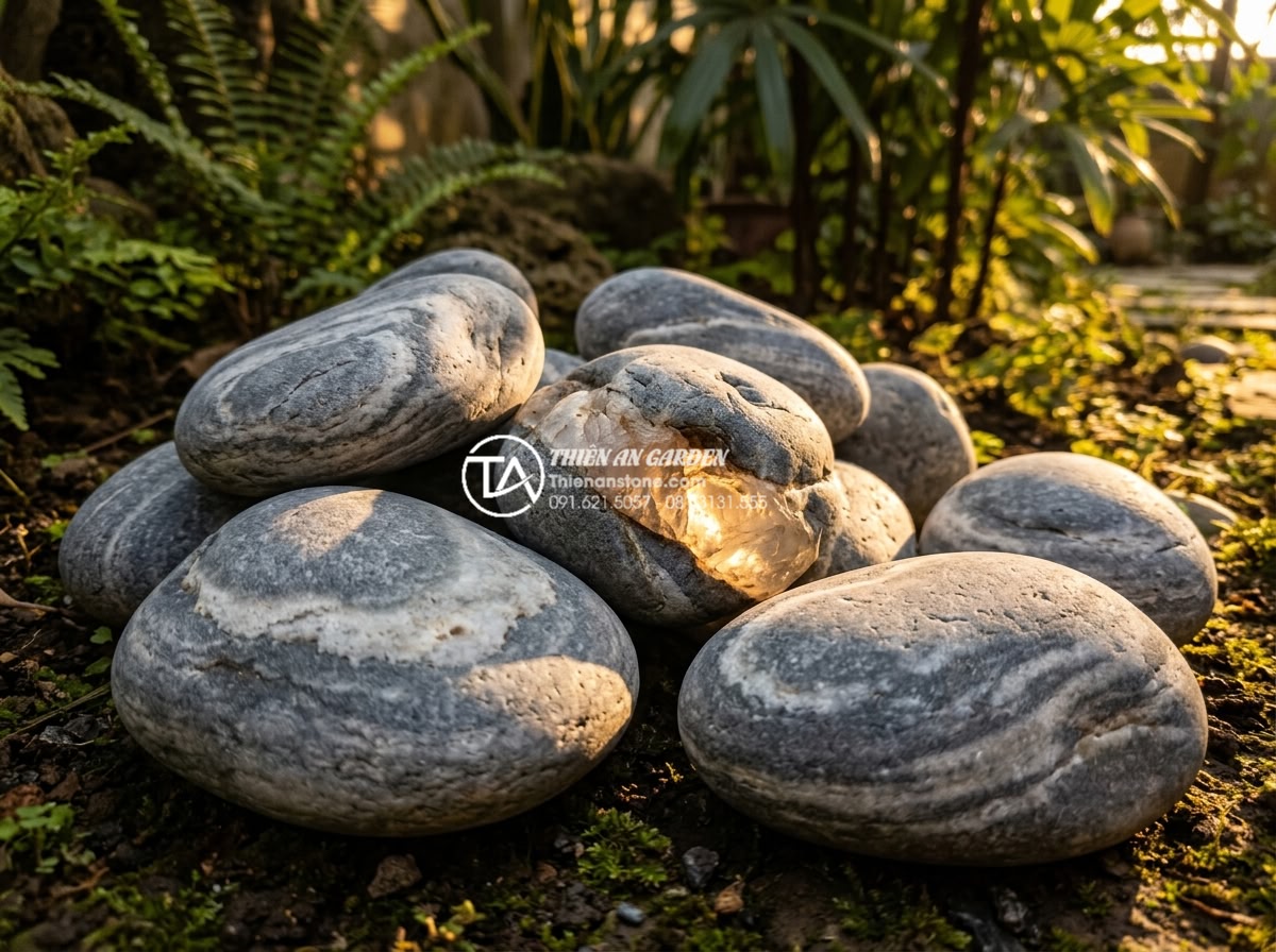 Đá Cuội Vân Mây - Cloud vein pebble stones under golden hour sunset lighting, showing light refrac