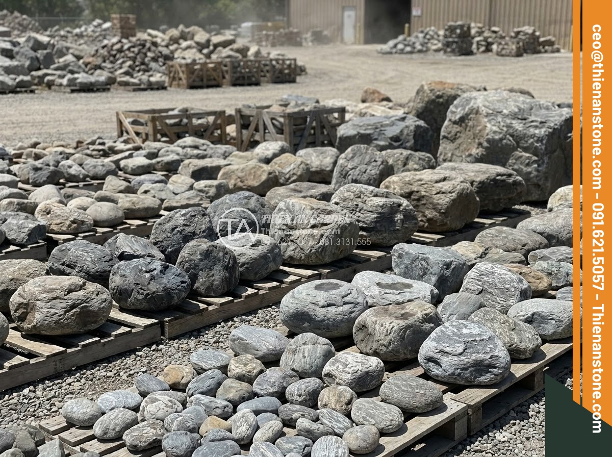 Đá Da Voi Làm Tiểu Cảnh - Wide display area of various elephant skin stone types arranged by size and colo