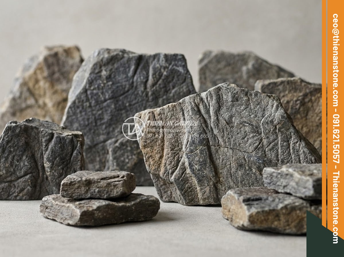 Đá Da Voi Làm Tiểu Cảnh - Multiple elephant skin stone slabs of varying sizes displayed against neutral ba
